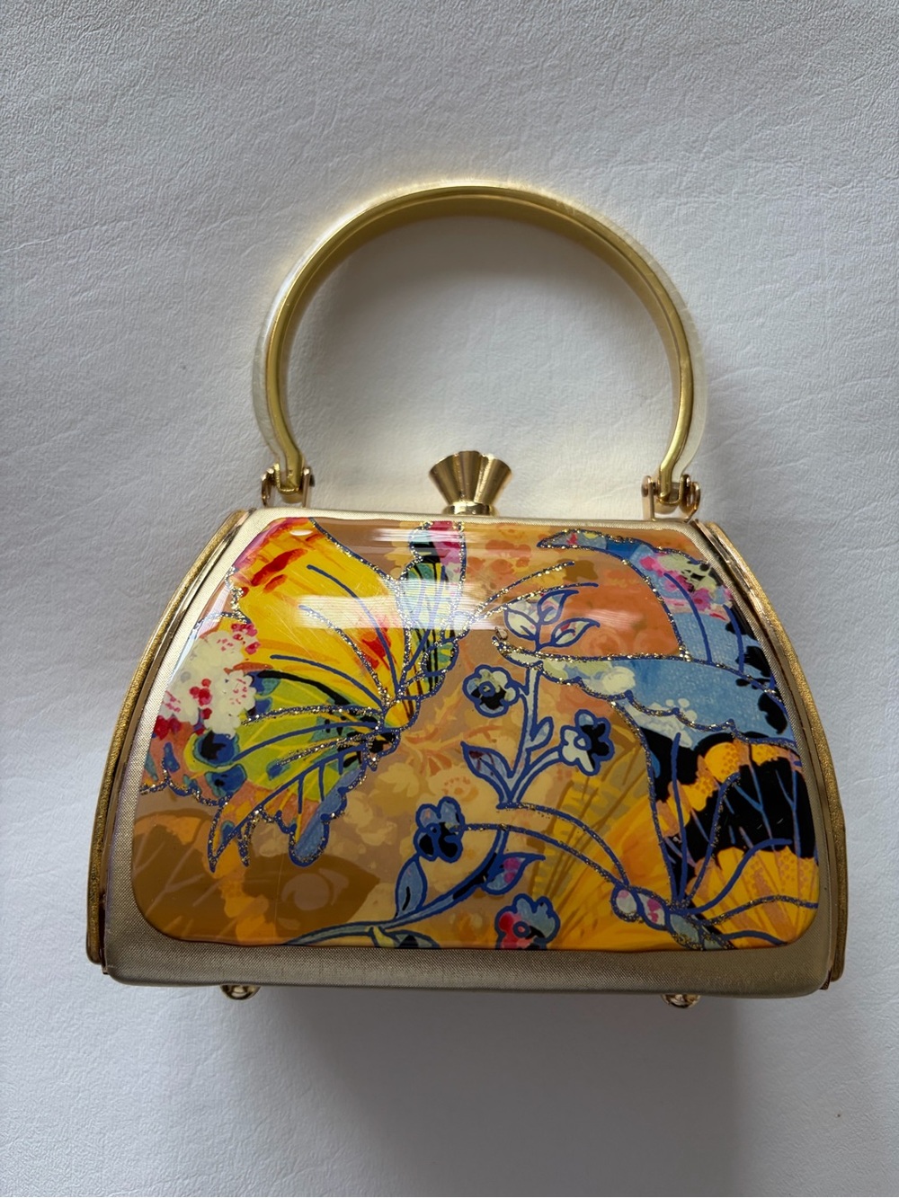 VTG Debbie Brooks Yellow Butterfly Enameled Dome Handbag Whimsy Floral Glitter - Picture 6 of 12
